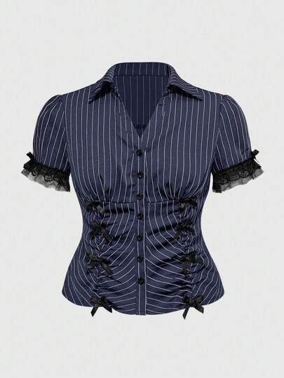 Grunge Punk Blouse femme grande taille à manches courtes, taille ajustée, avec patchwork en dentelle et rayures
