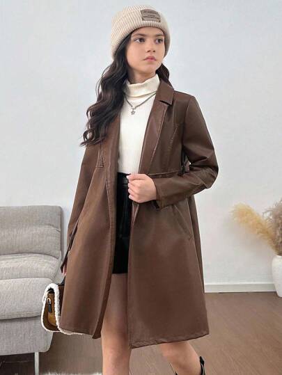 SHEIN Tween Girl Casual Loose Minimalist Fashion Drop Shoulder Waist Drawstring PU Leather Trench Coat,In Fall/Winter