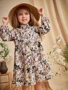 SHEIN Young Girl Floral Print Ruffle Hem Long Sleeve Dress - White - View 4