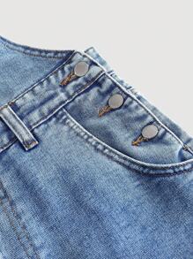 SHEIN Girlism 少女粉色丝带蝴蝶结宽腿蓝色牛仔背带裤 - 淺色水洗藍 - 查看 4