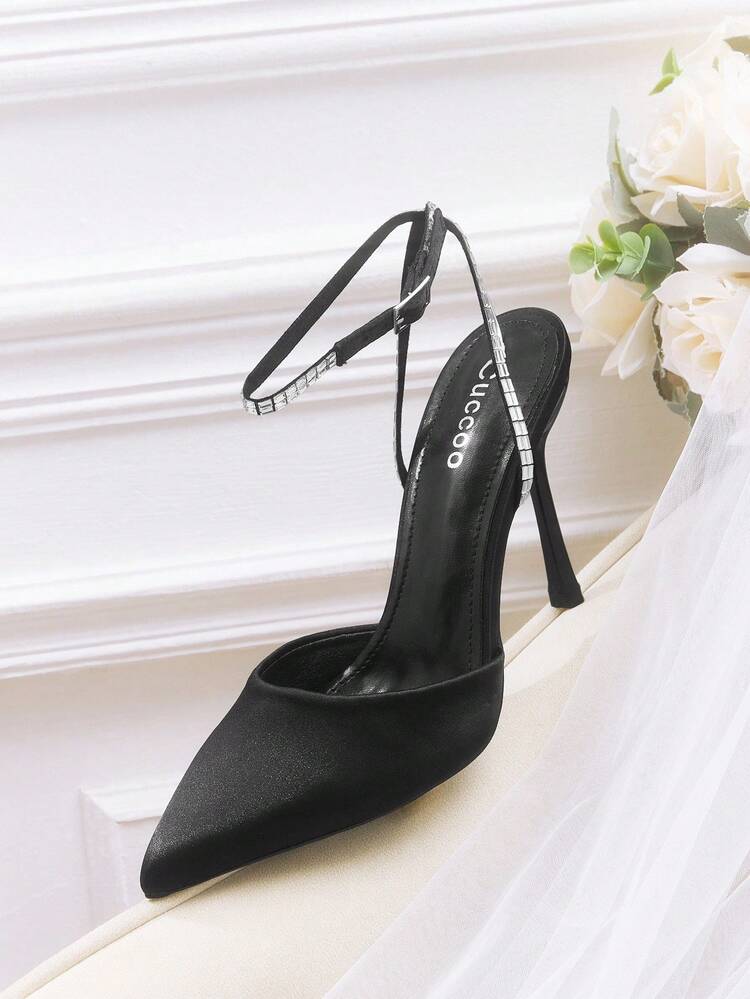 CUCCOO HITCHD Women's New Rhinestone Embellished Ankle Strap High Heel Pumps, Black Color, Sexy & Elegant Minimalist Design, Comfortable For Dresses, Pants, Outings, Parties, Office, Weddings