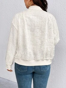 EMERY ROSE Jaqueta Bomber Feminina Plus Size Moda Oca Crochê Gola Redonda Solta Curta, Nova Jaqueta Estilosa Fina Versátil Simples