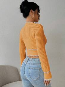 Chiquease Cardigan Pendek Elegan dengan Trim Warna Kontras untuk Wanita, Cocok untuk Musim Gugur dan Musim Dingin. - Kuning - View 2
