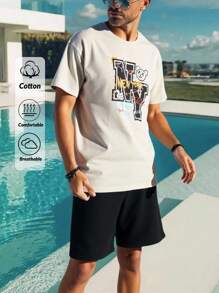 RueChic Men Drawstring Waist Pocket Letter Printed Regular Short Sleeve T-Shirt & Short Set - Beige - View 1