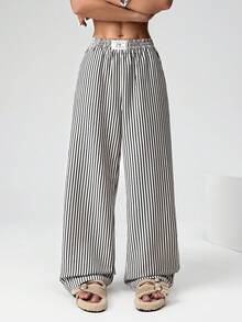 SHEIN EZwear Quần ống đứng họa tiết sọc đen trắng cỡ lớn dành cho nữ - Đen và trắng - Xem 6