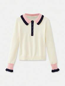 lacRébo Contrast Color Flutter Collar Knit Polo Top Spring Summer Women Elegant Knit Top Going Out Top Office French Style Old Money Style Top - Multicolor - View 7
