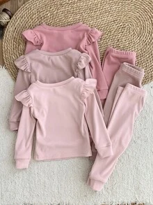 LMoss Kids 6 pièces Ensemble bébé fille en tricot de couleur unie avec t-shirt à col rond et volants et leggings. Ensemble bébé fille manches longues avec volants. Ensemble leggings. Vêtements bébé fille rose. Ensemble décontracté bébé. Ensemble. Ensemble d'hiver. Vêtements d'hiver pour bébé. Vêtements d'automne pour bébé fille - Multicolore - Voir 2