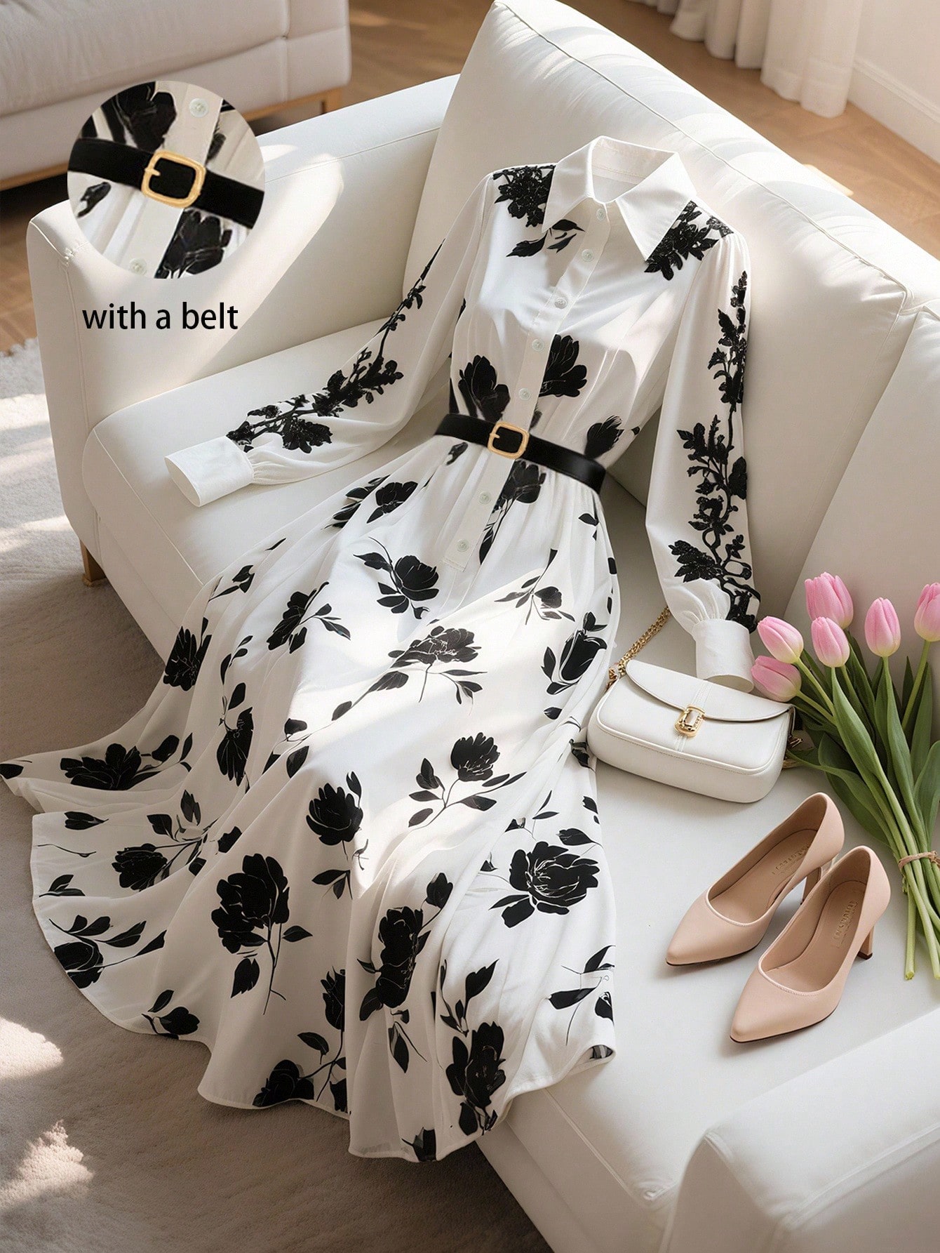 Franclia قميص طويل مطبوع بزهور مع خصر مربوط للنساء...