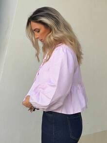 Jeta Ari 女式条纹系带下摆长袖圆领衬衫、长袖上衣 - 粉色 - 查看 6