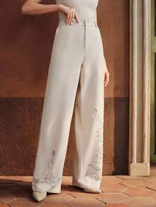 Anewsta 女士水钻装饰阔腿正装裤，时尚通勤，秋冬适用 - 杏色 - 查看 5