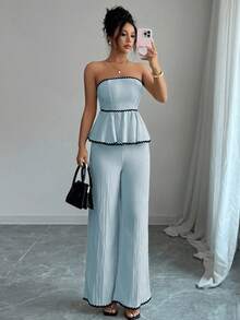 Elenzga Casual Fitted Ruffle Hem Bandeau Top And Wide Leg Pants Set - Blue - View 4