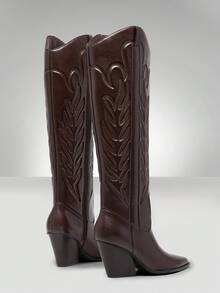 Solezae Women's Glamorous Comfortable Pointed Toe Block Heel Embroidery Knee High Boots - Maroon - View 7