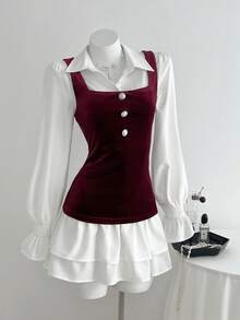 Elamini 2 Stücke Damen Lässig Samt ärmelloses Top und Kleid mit Rüschensaum an den Ärmeln, geeignet für Ausflüge und Zusammenkünfte, Herbst/Winter