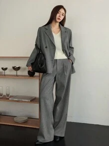 Dazy-Less 女士宽松商务休闲格子西装套装，深色底色优雅办公室通勤西装外套和直筒裤，秋冬 - 灰色 - 查看 5