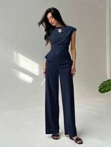 Aloruh 简约通勤办公套装，新款春夏船领短袖收腰女式衬衫+高腰超长阔腿女式长裤，两件套 - 藏蓝色 - 查看 5