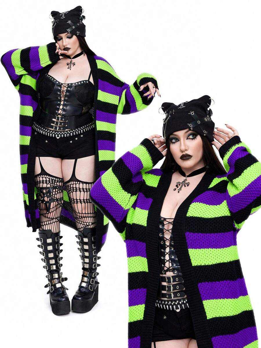 Whyspr 哥特朋克万圣节哥特式大码多色条纹开衫 - 彩色 - 查看 1