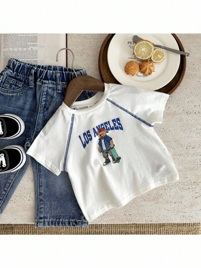 SHEIN Baby Boy Casual College randig panel 2 i 1 kortärmad skjorta, lämplig för vår/sommar, inomhus eller utomhus