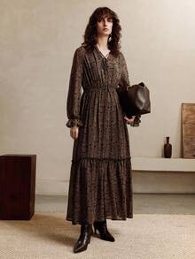 Revavyn Váy Maxi Chiffon Họa Tiết Hoa Tay Phồng Phong Cách Bohemian, Thời Trang Đi Làm - Đỏ - Xem 4