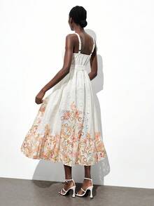 Maija 女式多色印花方领设计收腰别致度假浪漫波西米亚宽领口无袖褶皱腰喇叭形 A 字拼接沙滩裙，波西米亚风格伊莎贝拉岛度假装，夏季多巴胺度假装，独立音乐节西式长裙 - 彩色 - 查看 3