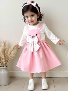 Baby Girl Cute Cartoon Pattern Bow Decor Dress, Autumn - Multicolor - View 3