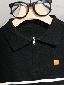 SHEIN 兒童1件小男孩學院風翻領條紋加厚保暖毛衣，秋季職業日返校穿著，舒適時尚簡約實用軟針織冬季上衣 - 彩色 - 查看 6