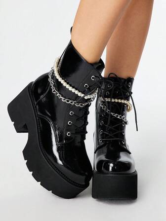 Grunge Punk Damen Punk Stil Plateau High Heel Schnürstiefeletten, Gothic sexy Perle Metall Kette Dekor bequeme Plateau Party Motorrad Stiefel, Halloween