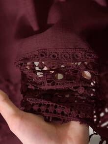CosyJoli 大码女式花卉刺绣领口撞色蕾丝 3/4 袖宽松时尚衬衫 - 酒紅色 - 查看 6