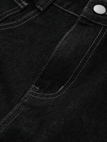 Dazy-Less 女士宽松休闲商务复古水洗纯色直筒牛仔裤，适合秋冬季 - 黑色 - 查看 6