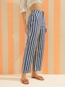 WESTFADE High Rise Spring Striped Straight Leg Ankle Length Western Denim Jeans Summer Beach Vacation - Blue and White - View 4