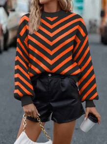 SHEIN LUNE 女式条纹落肩长袖灯笼袖宽松套头衫 - 黑色 - 查看 4