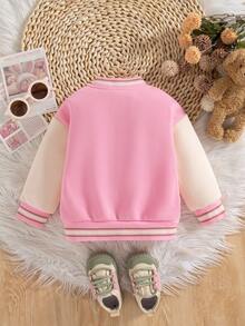 SHEIN 1 Áo khoác bóng chày dáng rộng phối màu thời trang thu/đông mới cho bé gái, in hình gấu phía trước, giản dị và dễ thương - Hồng - Xem 2