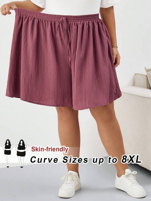 SHEIN CURVE+ Plus Size Drawstring Tie Waist Casual Shorts, Suitable For Summer And Autumn Vacation