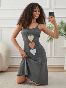 EURMUSE Plus 女士撞色生菜边细节多色心形印花无袖家居睡裙