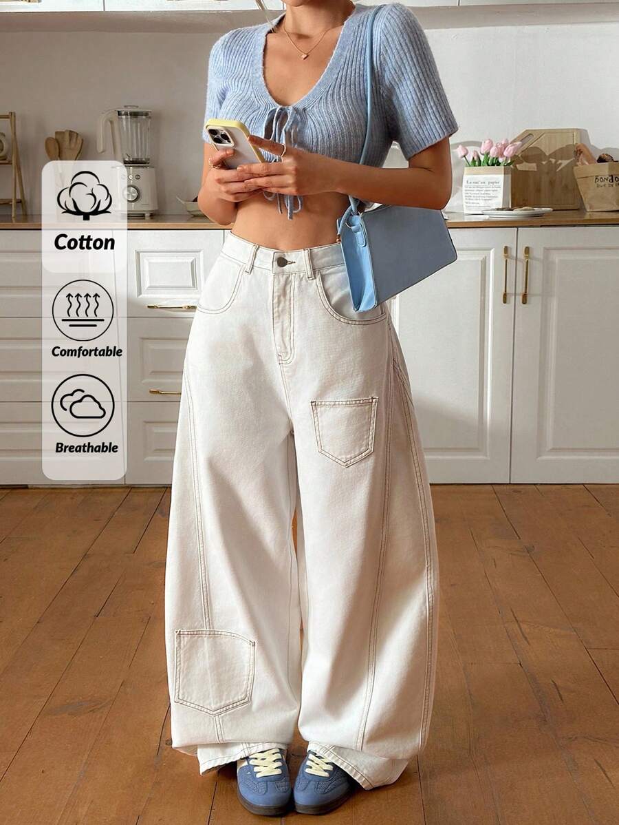 EURMUSE 高腰宽松白色牛仔裤 - 白色 - 查看 1