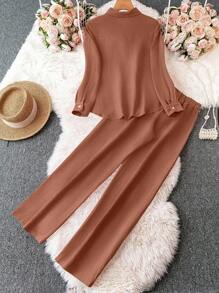 SHEIN LUNE 2件套女式纯色长袖弧形下摆纹理面料衬衫和裤子套装 - 棕色 - 查看 2