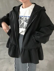 FRIFUL 女士宽松连帽夹克，金属拉链装饰，荷叶边下摆，纯色夹克，Y2K荷叶边夹克，黑色夹克，超大款夹克，女士外套