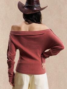Easelle Women's Vintage Wash Water Bohemian Persimmon Red Off Shoulder Long Sleeve Knitted Women T-Shirt Fall Winter Women Clothes Off The Shoulder Tops