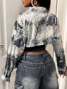 BamGleam Camouflage Utility Cropped Long Sleeve Metal Button Jacket - Light Grey - View 2