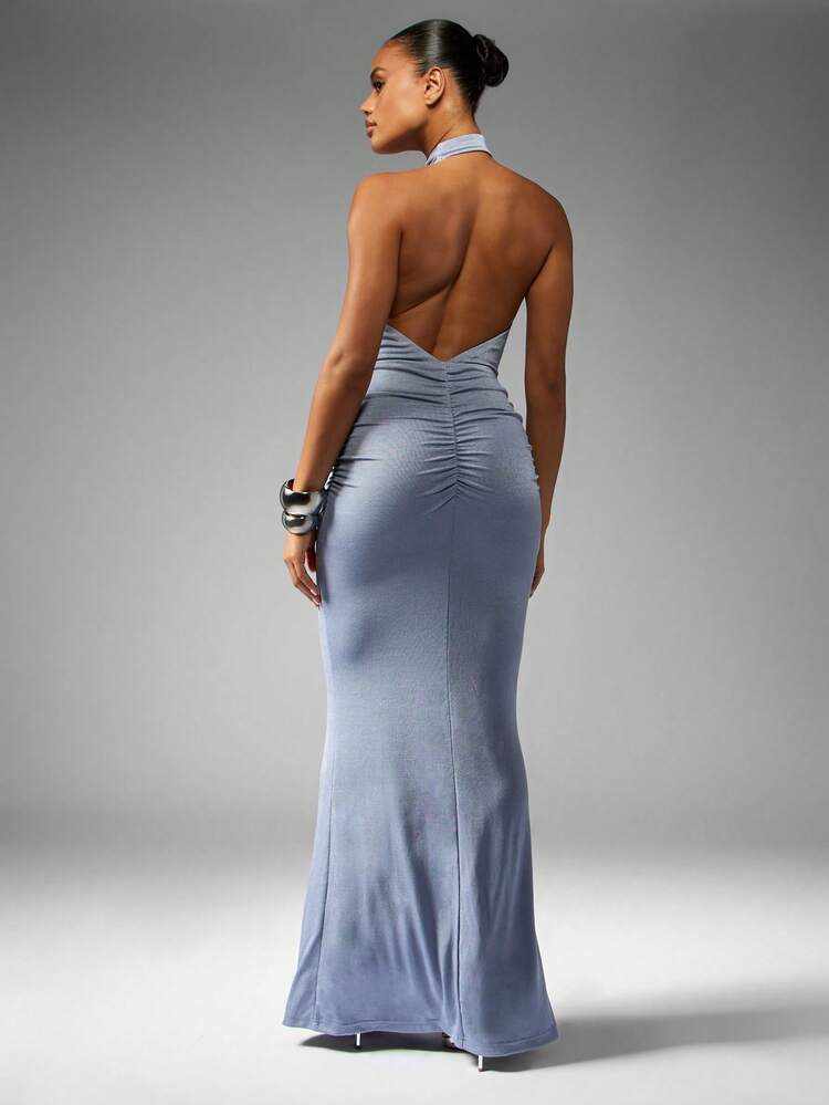 MISSGUIDED Glamorous Halter Neck Ruched Maxi Dress Evening Gown Formal Wedding Guest Mermaid Floor Length Cross Front Cut Out Metallic Shimmer Party Prom Dress