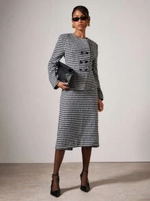COSMINA 女士优雅格子西装两件套，秋冬 - 黑與白 - 查看 3