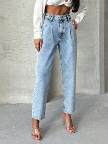 EURMUSE 100%纯棉女式高腰口袋锥形休闲百搭牛仔裤 - 中等水洗藍 - 查看 5