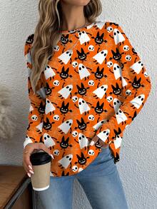 Shutterstock Glamance Maglietta casual a maniche lunghe da strega per Ognissanti, top lavorato a maglia morbido per donna, top per Ognissanti autunnale, maglietta con stampa di fantasmi, maglietta di Ognissanti per donna, maglietta di Ognissanti carina per donna