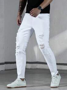 Manfinity Homme Men's Solid Color Skinny Ripped Denim Jeans - White - View 3