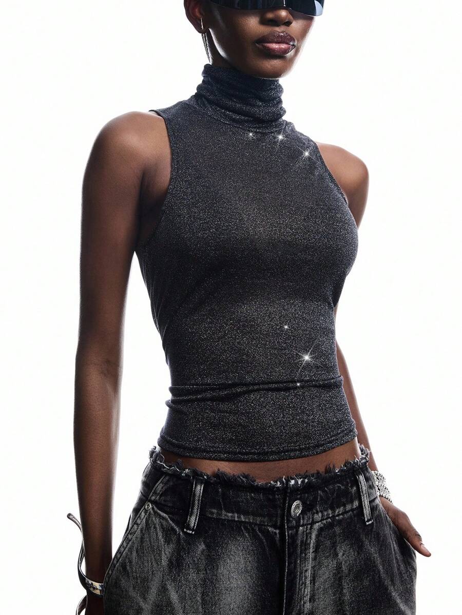 LYSMO 2025 New Arrive Minimalism Fall Women's Fashionable Sexy Shiny Mesh High Neck Camisole For Back To School, Homecoming, 2000s Style, Y2K Clothes Women, Streetwear ,Halloween Costume Women  Grunge And Gothic Clothes - Black - View 1