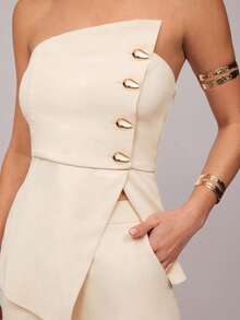 Silquee Women's Strapless Single-Breasted Metal Button Asymmetrical Hem Top And Wide-Leg Pants Fashion Party & Commute Suit - Beige - View 3