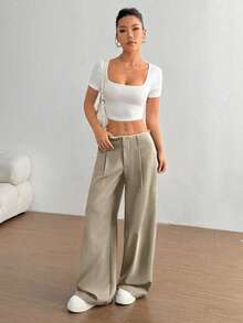 Flirla Pantalones rectos estilizados y finos para mujeres - Caqui - Ver 6