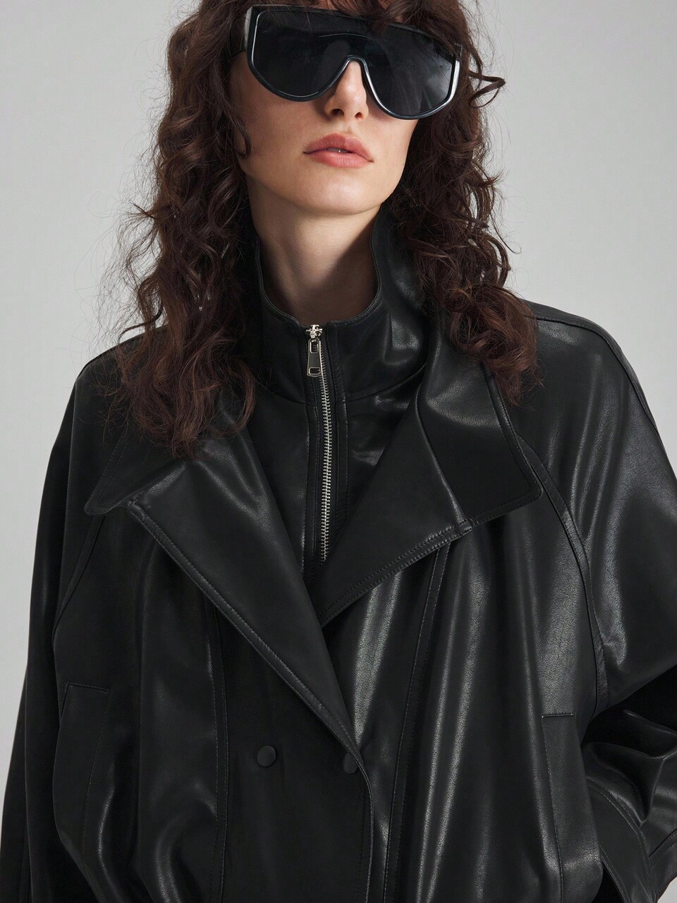 Women's Black PU Leather Loose Fit Zip-Up Jacket,Chic Night Out Autumn Office Wear,Old Money Style Urban Commuting Effortless Temperament Fashion