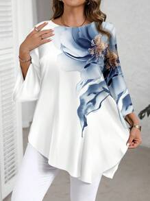 EMERY ROSE Blusa plus size con stampa floreale su tutta la superficie, design asimmetrico minimale blu e bianco, maniche a 3/4, adatta per la primavera/estate, stile casual da resort