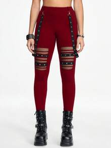 ROMWE Grunge Punk Quần legging bó sát nữ họa tiết Punk đen khoét lỗ kim loại có cạp có thể tháo rời - Màu Đỏ Sâu - Xem 3