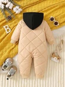 SHEIN 1 件婴儿男童纯棉连帽拉链连体衣，韩版休闲加厚保暖装，适合日常穿着，百搭冬季新品 - 卡其色 - 查看 2